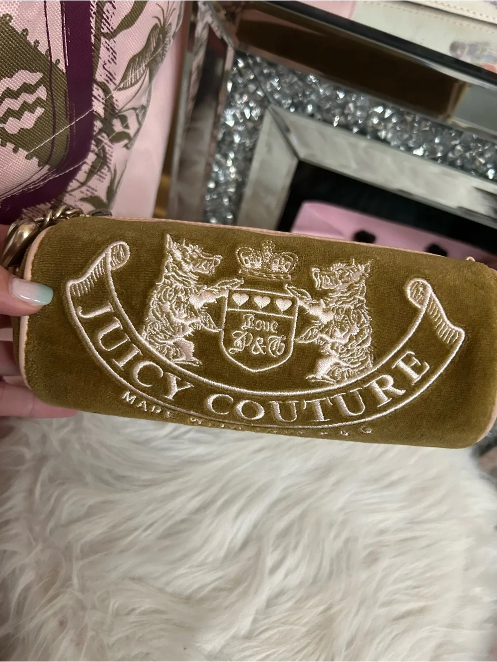 Y2K Vintage 2004 Juicy Couture Olive Green Velour Pink Leather Barrel Bag
